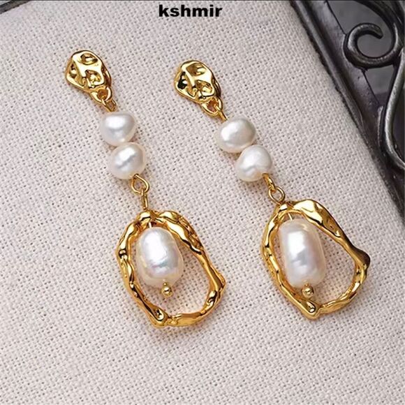 18K Gold Plated Freshwter Pearl Drop Earrings  - Picture 1 of 6